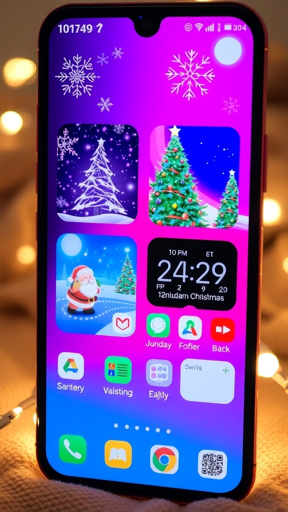 Festive Christmas Wallpaper and Widget Ideas Smartphone screen displaying colorful Christmas wallpapers and festive widgets.